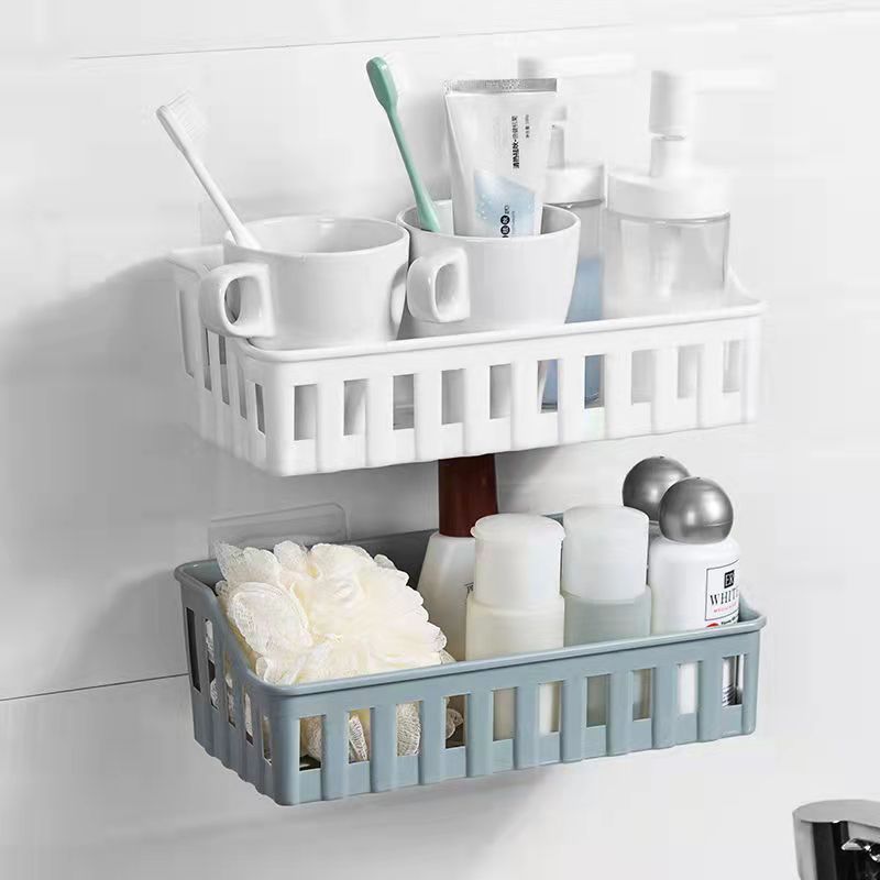 Wholesale Shelf Non-perforated Shelving Basket Non-trace Plastic Wall Hanging Storage Basket Custom Toilet Storage Rack