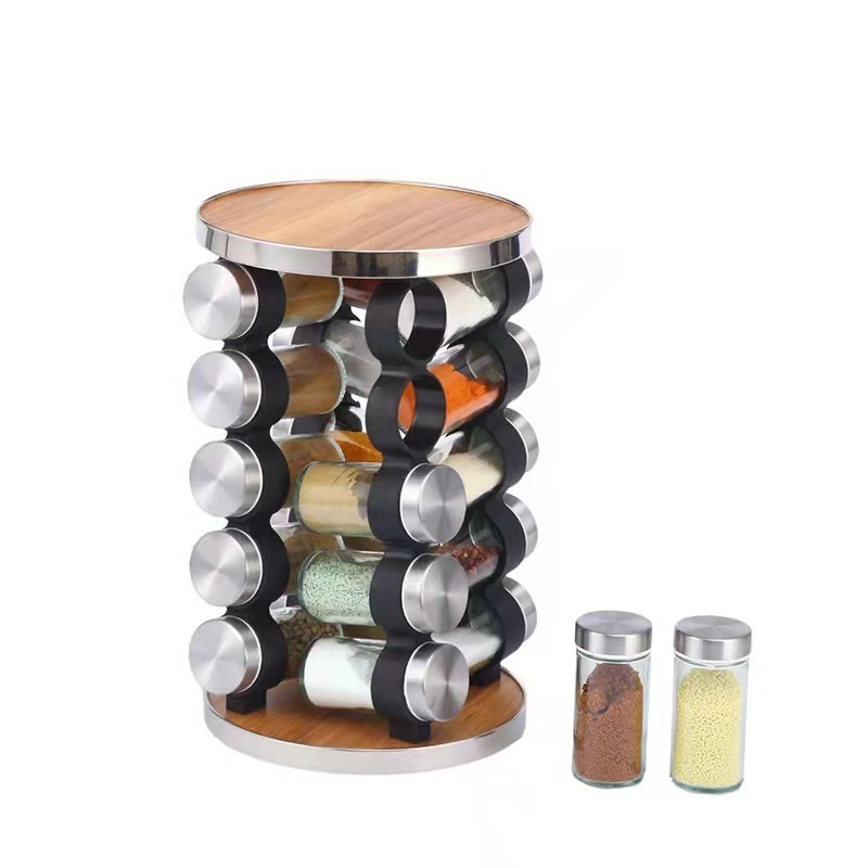 Stainless Steel Seasoning Storage Rack With Wood 20 Pieces Rotating Spice Jar Shelf