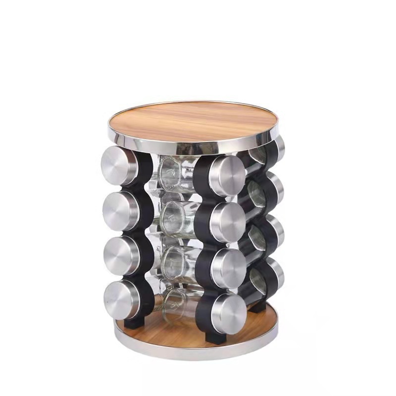 Stainless Steel Seasoning Storage Rack With Wood 20 Pieces Rotating Spice Jar Shelf