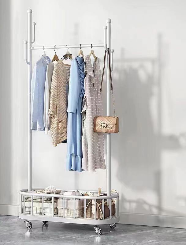 Multi Functional Simple Floor Cloth Hanger Metal Clothes Bag Hat Rack Stand With Universal Wheels And Storage Basket