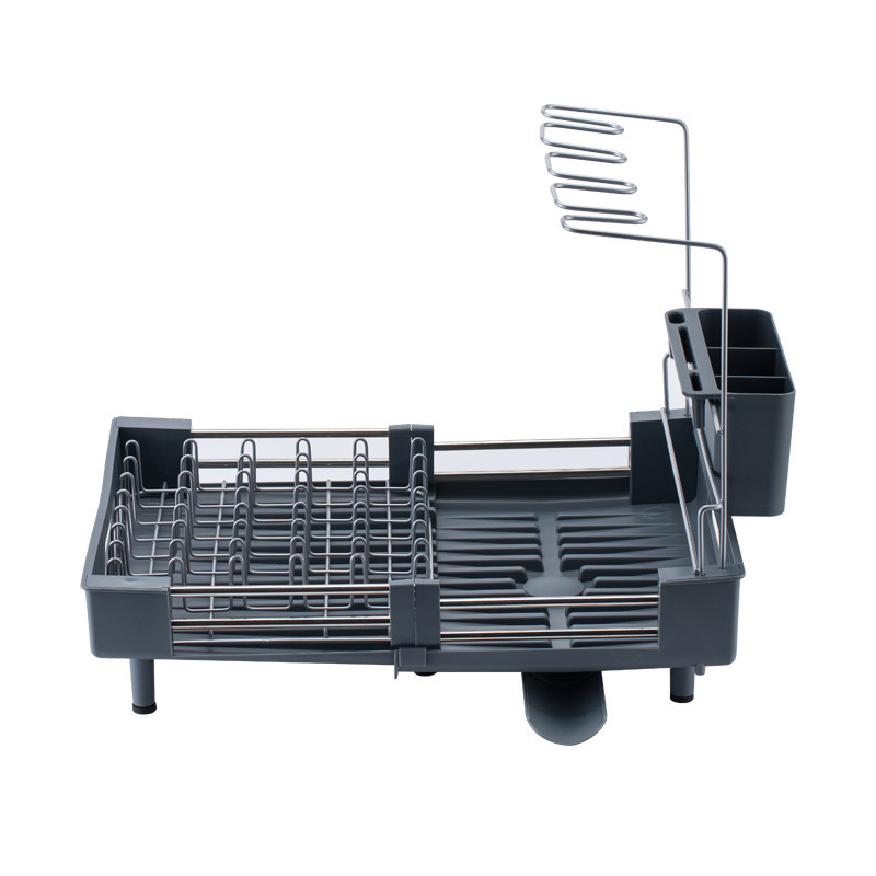 New Style Multi-functional Kitchen Stainless Steel Telescopic Dish Storage Rack With Glass Hanger Shelf