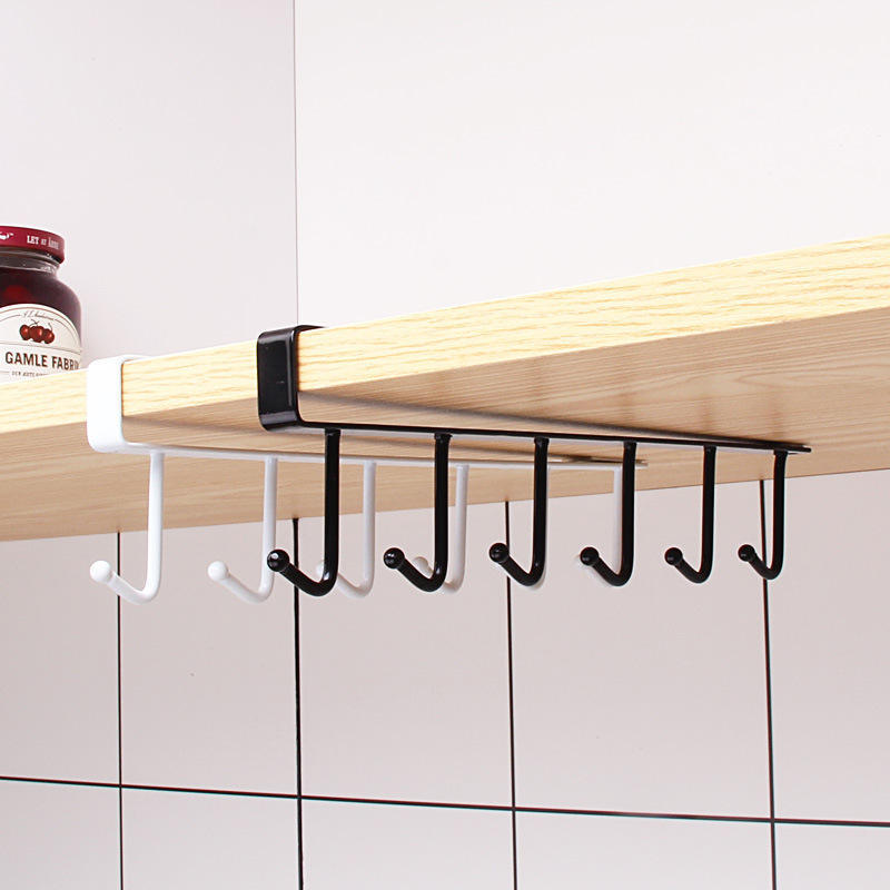 Kitchen Organizer Hanging Rack Holder 6 Hooks Cabinet Metal Iron Under Shelves Mug Cup Hanger Storage Shelf