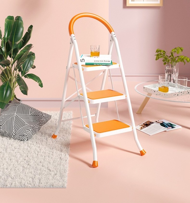 2-6 Step Orange Compact Steel Daily Use Ladder With Handrail