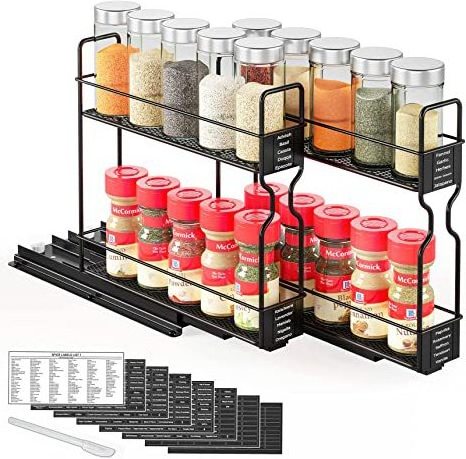 Closet Spice Rack Organizer For Cabinet Heavy Duty Seasoning 2 Tier Kitchen Rack Metal Storage Stand Slide Out Cabinet