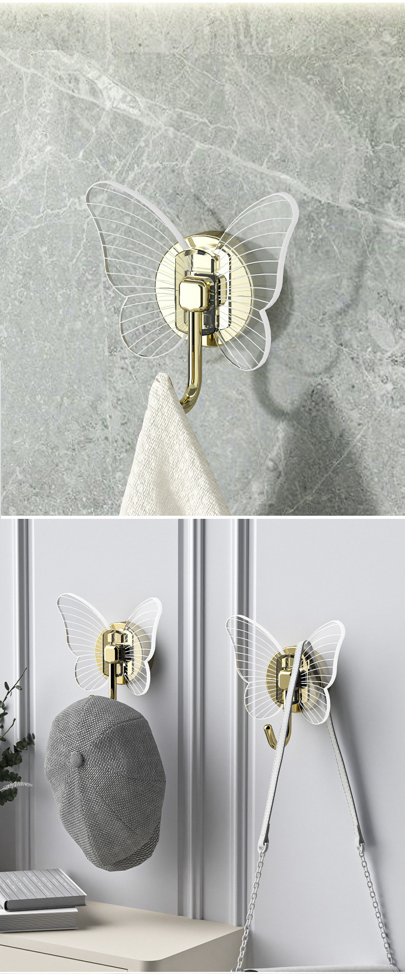 Bathroom No Punch Wall Gold Butterfly Hook No Mark Hanging Cloth Hook Entry Gate Strong Self Adhesive Hook