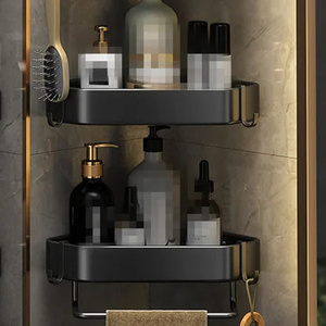 Bathroom Shelf Organizer Black Carbon Steel Corner Shelf Shampoo Storage Shower Caddy with Two Hooks