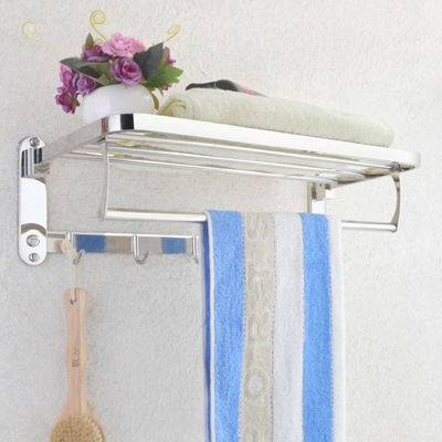 Modern 304 Stainless Steel bathroom shelves SUS304 double layer folding bath towel rack clothes rack with 5  clothe hooks