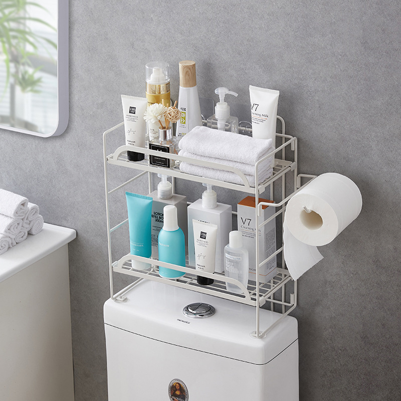 No Drilling Bathroom Over The Toilet Organizer Storage Rack Shelf with Hanging Hook Adhesive Base and Paper Towel Holder