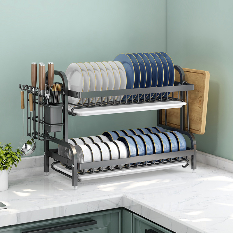 Dish Drying Rack Kitchen Organizer Metal Black 2 Layer Countertop Dish Drainer Storage Rack