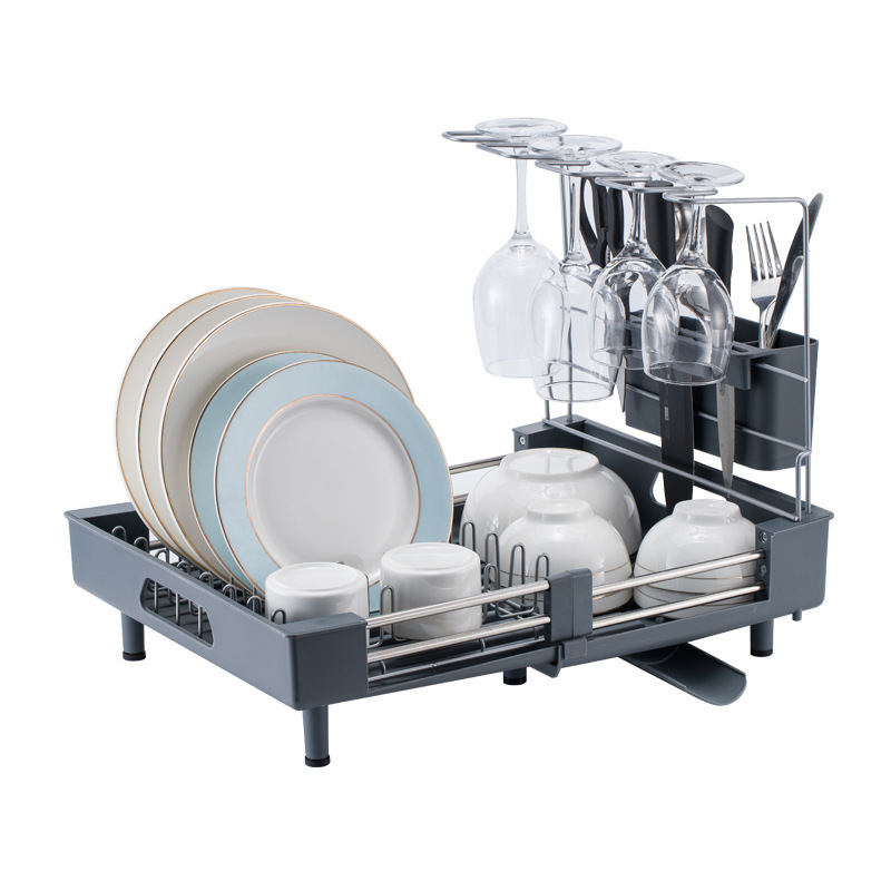 New Style Multi-functional Kitchen Stainless Steel Telescopic Dish Storage Rack With Glass Hanger Shelf