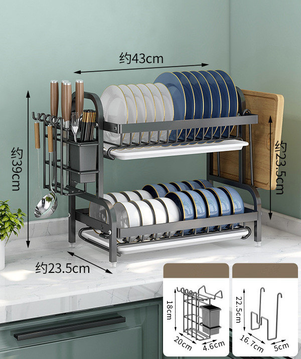 Dish Drying Rack Kitchen Organizer Metal Black 2 Layer Countertop Dish Drainer Storage Rack