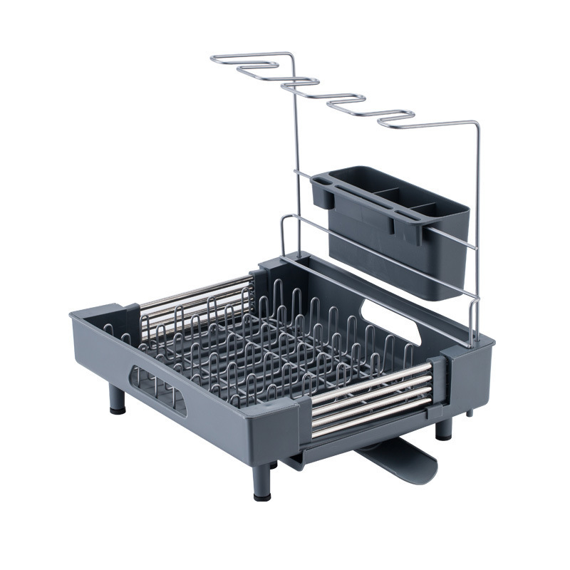 New Style Multi-functional Kitchen Stainless Steel Telescopic Dish Storage Rack With Glass Hanger Shelf