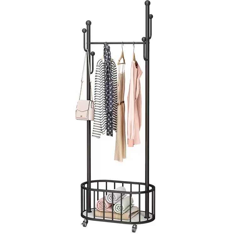 Multi Functional Simple Floor Cloth Hanger Metal Clothes Bag Hat Rack Stand With Universal Wheels And Storage Basket