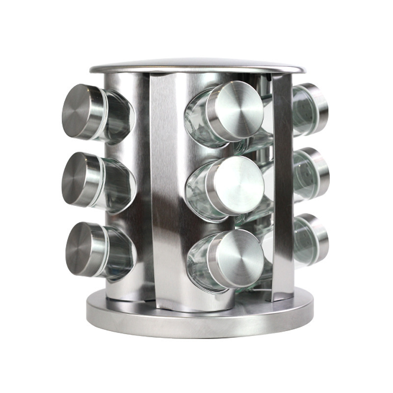 Stainless Steel Jar Set Rack Sugar Pepper Bottles Salt Shakers Rotating Spice Rack Organizer