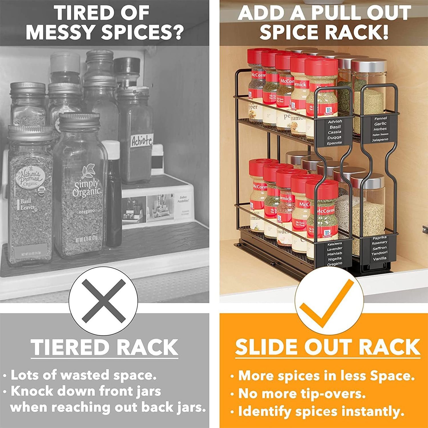 Closet Spice Rack Organizer For Cabinet Heavy Duty Seasoning 2 Tier Kitchen Rack Metal Storage Stand Slide Out Cabinet