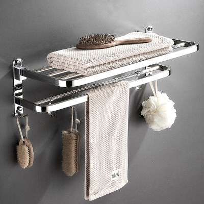 Modern 304 Stainless Steel bathroom shelves SUS304 double layer folding bath towel rack clothes rack with 5  clothe hooks