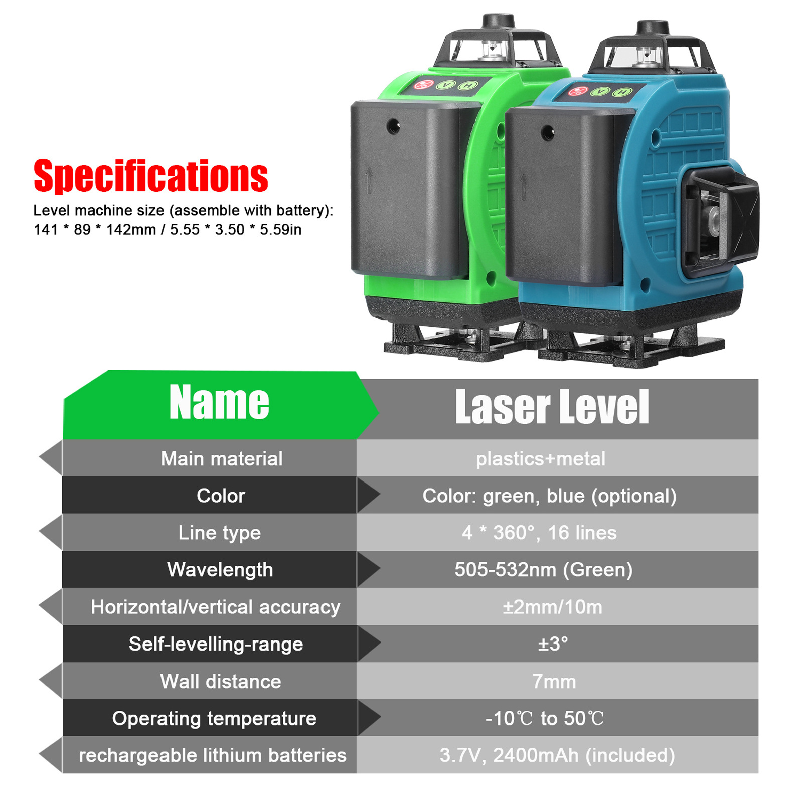 Multifunctional 16 Lines Laser Level Self-leveling Machine Rechargeable Lithium Battery Leveling Tool Tools Set