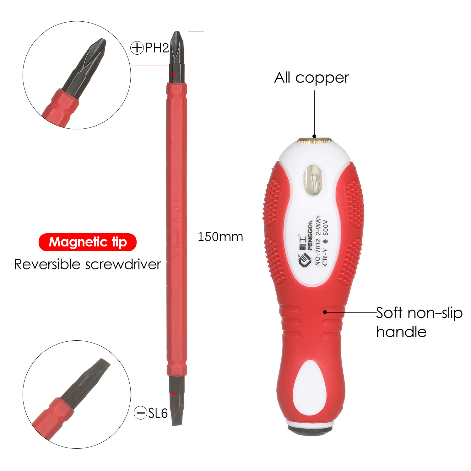 500V Insulated Screwdriver Voltage Tester 2-in-1 Reversible Magnetic Slotted and Electroprobe Multi Cross Screwdriver