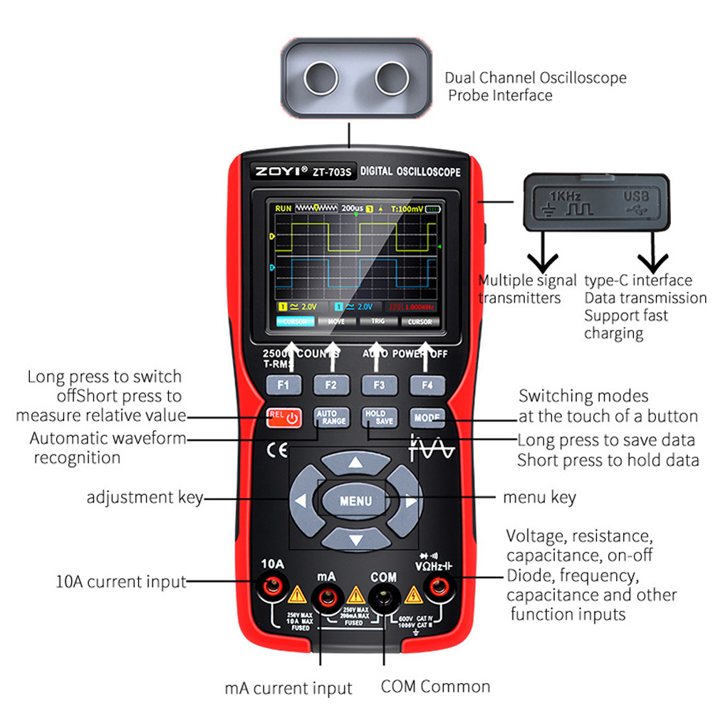 ZOYI ZT703S  3in1 Digital Multimeter 50MHz Bandwidth 280MS Dual Channel Storage 3.5 Inch Multimeter Handheld Oscilloscope