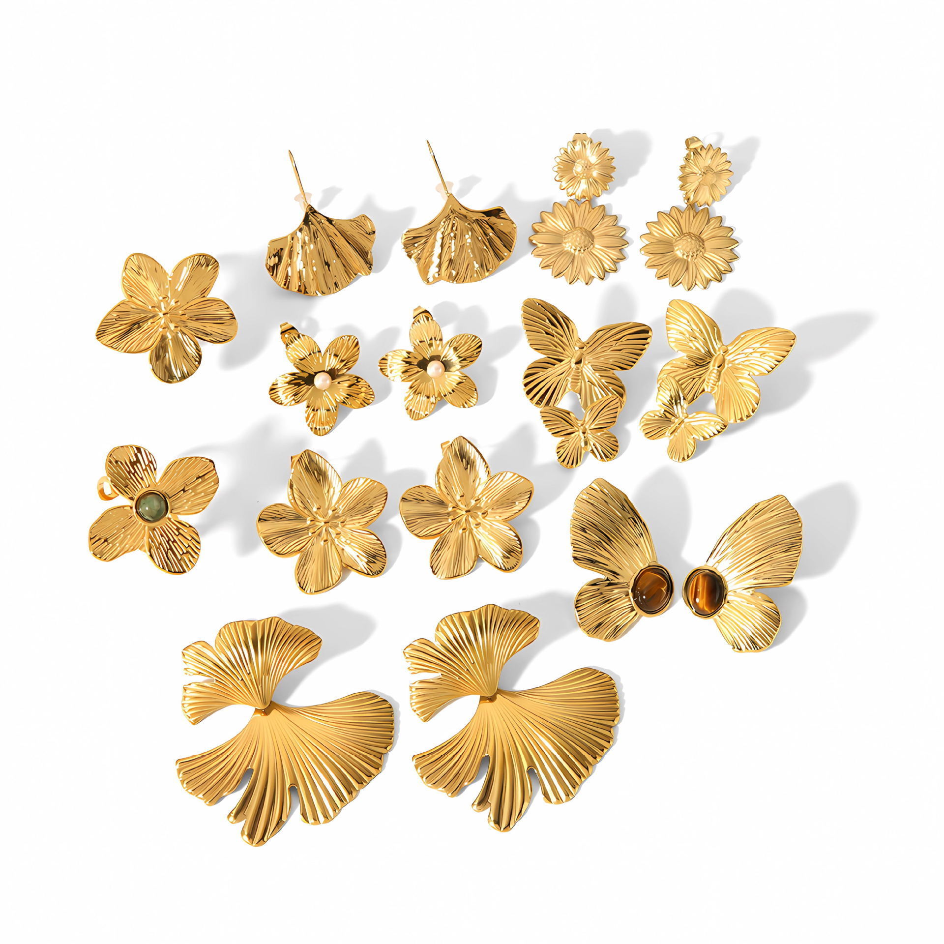 Vintage Amber Butterfly Flower Ginkgo Shape Earrings Premium 18k Gold Plating Stainless Steel Stud Earrings For Women Retro