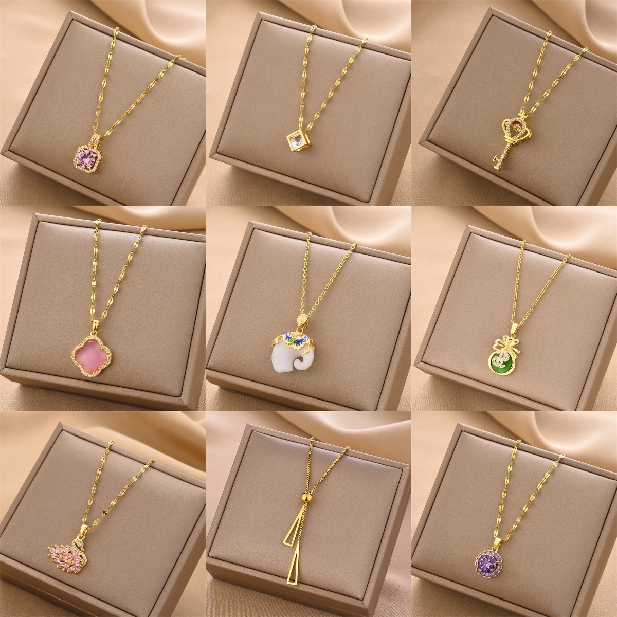 Luxury 18K Gold-plated & Rose gold Stainless Steel Multi Shape Pendant Necklace Jewelry For Women