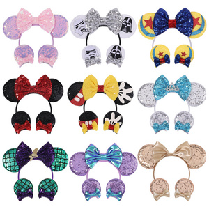 Cute Cartoon Bling Sequins Mouse Ears Hair Accessories Hair Clips Headband Set Big Bow Elastic Bands For Children