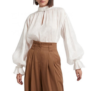 Elegant High Neck Ruched Linen Blouse Ladies Long Balloon Sleeve Loose Blouse