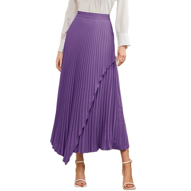 Wholesale Fashion Elegant Ladies High Waist Skirts Customized Wrap Asymmetrical Hem Pleated Long Skirt For Women