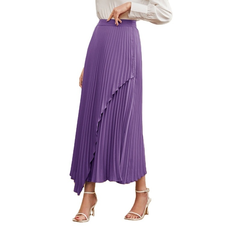 Wholesale Fashion Elegant Ladies High Waist Skirts Customized Wrap Asymmetrical Hem Pleated Long Skirt For Women