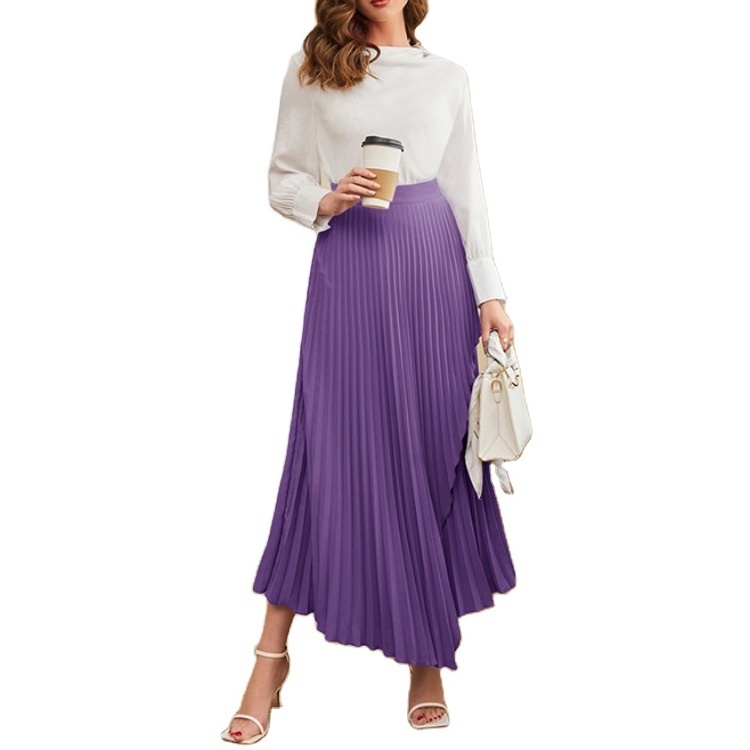 Wholesale Fashion Elegant Ladies High Waist Skirts Customized Wrap Asymmetrical Hem Pleated Long Skirt For Women