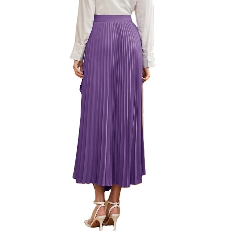 Wholesale Fashion Elegant Ladies High Waist Skirts Customized Wrap Asymmetrical Hem Pleated Long Skirt For Women