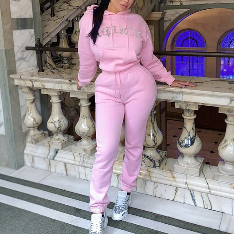 OEM Custom Logo Casual Jogging Suit Blank Cropped Hoodie and Lounge women tracksuit 2 two piece set For Women Jogger sweatpants