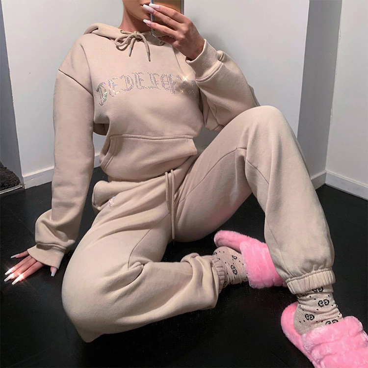 OEM Custom Logo Casual Jogging Suit Blank Cropped Hoodie and Lounge women tracksuit 2 two piece set For Women Jogger sweatpants