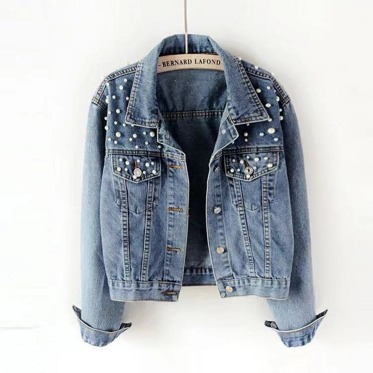 2022 Popular High Quality Casual Luxury Women's Pearl Short Denim Tops Coat Ropa Para Mujer Women Blue Long Sleeve Denim Jackets