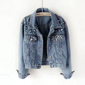 2022 Popular High Quality Casual Luxury Women's Pearl Short Denim Tops Coat Ropa Para Mujer Women Blue Long Sleeve Denim Jackets