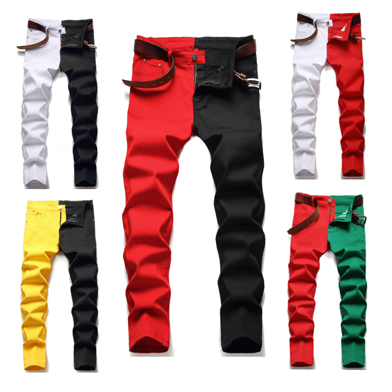 2022 New High Street Slim Pants Elastic Men's Jeans 10 Colors Stitching Jeans Men Skinny Pants Patchs Men's Jeans