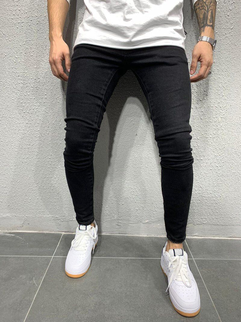 Simple Design Jeans Men's Solid Color Trousers Skinny Stretch Black Gray Pants Elastic Slim Lower Price Men Jeans