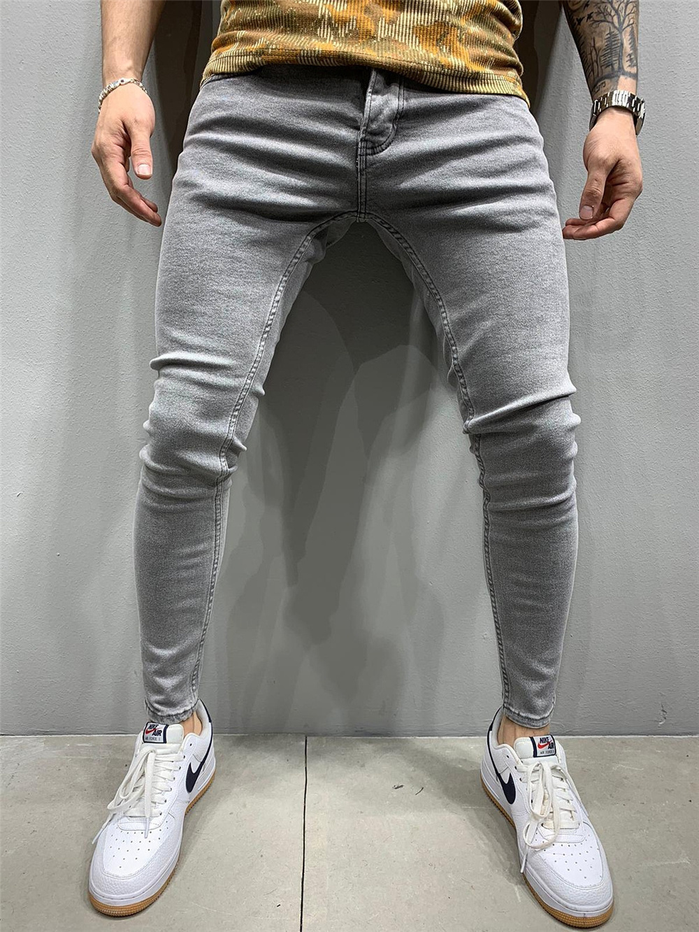 Simple Design Jeans Men's Solid Color Trousers Skinny Stretch Black Gray Pants Elastic Slim Lower Price Men Jeans