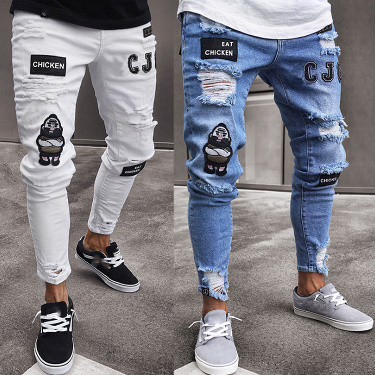 Jeans Import Al Por Mayor 2022 New Style Men's Pants Art Patches Skinny Biker White Jeans Slim Trousers Denim Jeans For Men