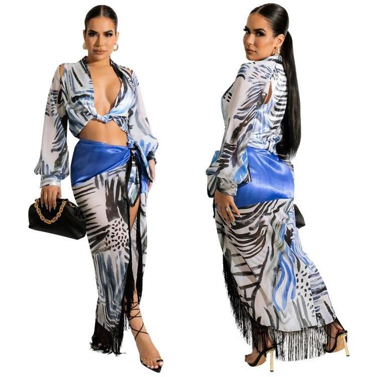 Western Style Long Sleeves Women Fringe Beach Dress Crop Top Skirt Set Two Piece Skirt Set 2022 New Fashion Robe De Plage Longue