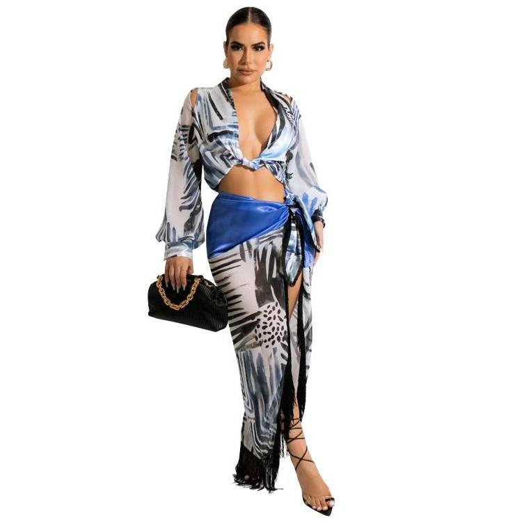 Western Style Long Sleeves Women Fringe Beach Dress Crop Top Skirt Set Two Piece Skirt Set 2022 New Fashion Robe De Plage Longue