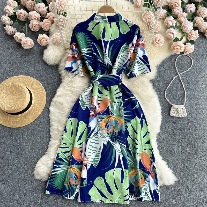 New Summer Short Sleeves Midi Elegant Floral Loose Casualshirt Dress For Women