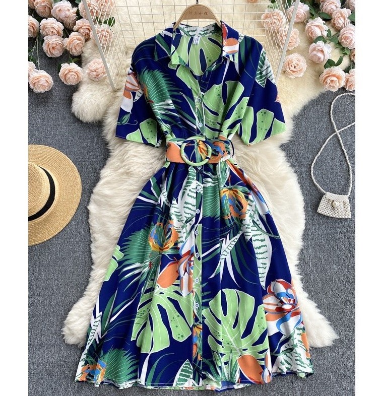 New Summer Short Sleeves Midi Elegant Floral Loose Casualshirt Dress For Women