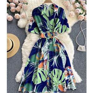 New Summer Short Sleeves Midi Elegant Floral Loose Casualshirt Dress For Women