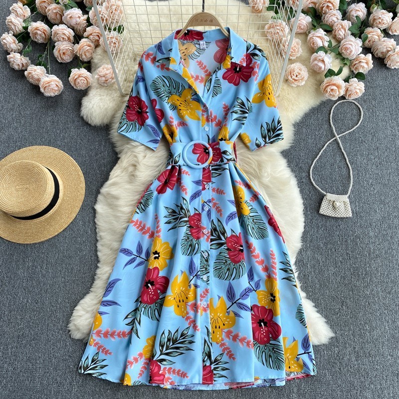 New Summer Short Sleeves Midi Elegant Floral Loose Casualshirt Dress For Women