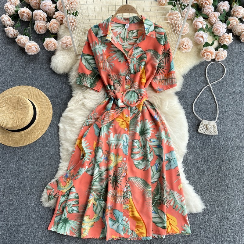 New Summer Short Sleeves Midi Elegant Floral Loose Casualshirt Dress For Women