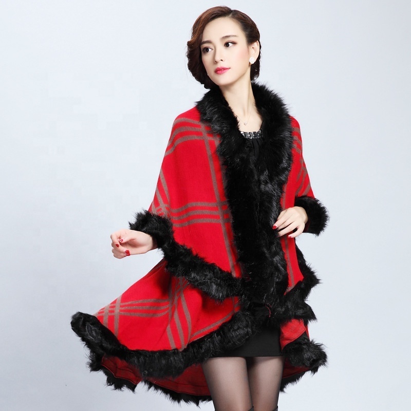 Wholesale new made knitted faux fox fur poncho cape genuine handmade plaid fur shawls