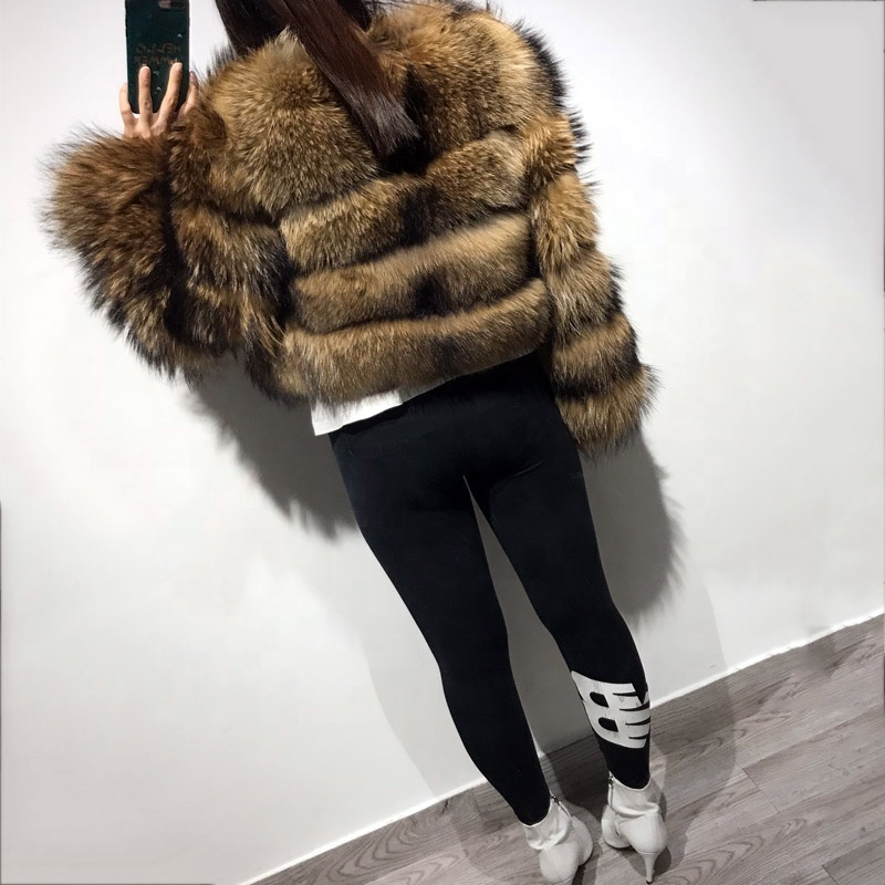 Custom  Natural Fur Coat Genuine Raccoon Fur Jacket Boutique Overcoat Girl's Outwear O Neck Brown Real Fur Jacket