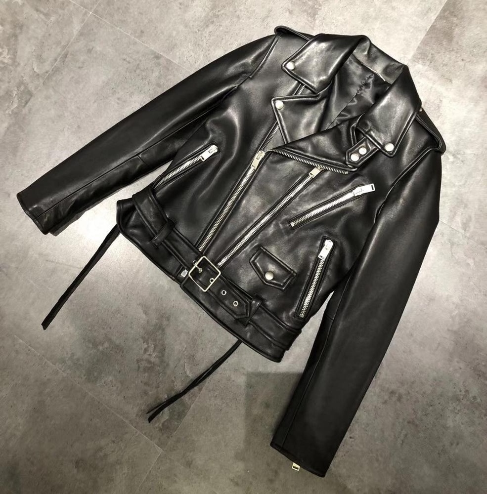 Spring Autumn Womens Nappa Leather Coats Real Leather Jacket with Tassels Zipper Closure Motorcycle Bike Women Short Standard