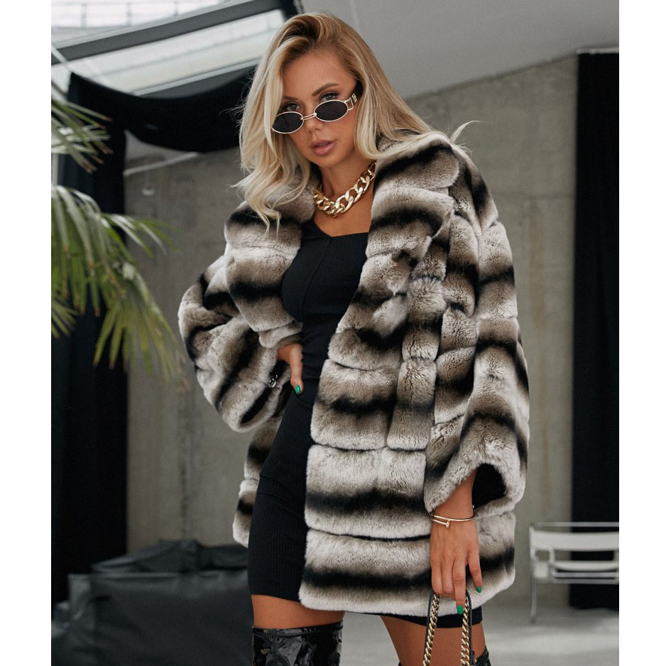 Luxury Fashion Long Sleeve Thick Warm Rex Rabbit Fur Winter Women Copy Chinchilla Fur Coat Women Jacket